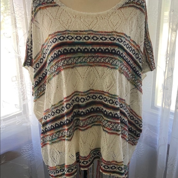 Molly bracken poncho cream/striped/tassels SZ L - Picture 2 of 9